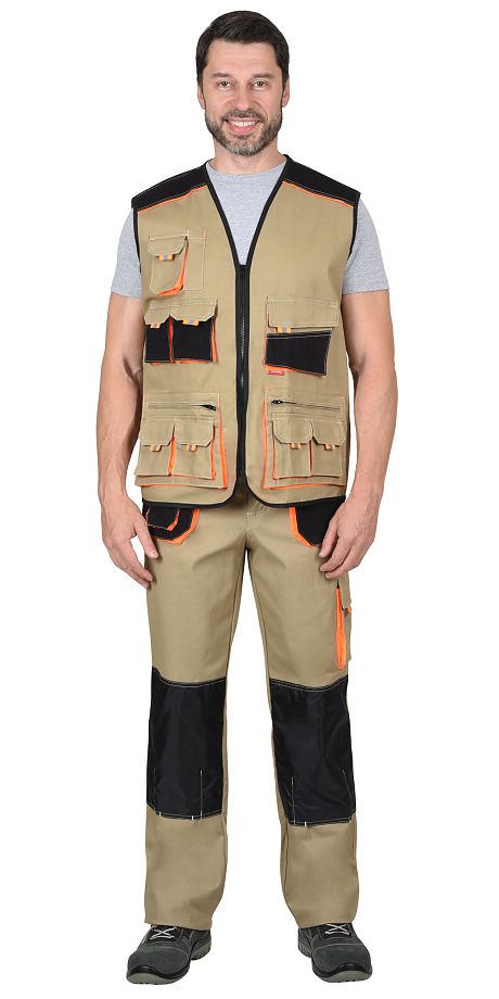  Костюм "МАНХЕТТЕН" брюки, жилет песочный с оранж. и черным тк. мех. стрейч пл. 250г/кв.м