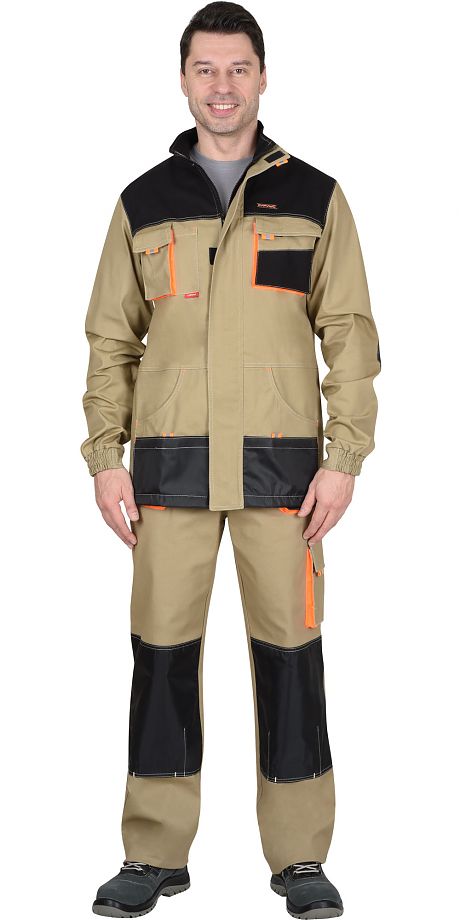  Костюм "МАНХЕТТЕН" куртка дл., брюки песочный с оранж. и черным тк. мех. стрейч пл. 250г/кв.м
