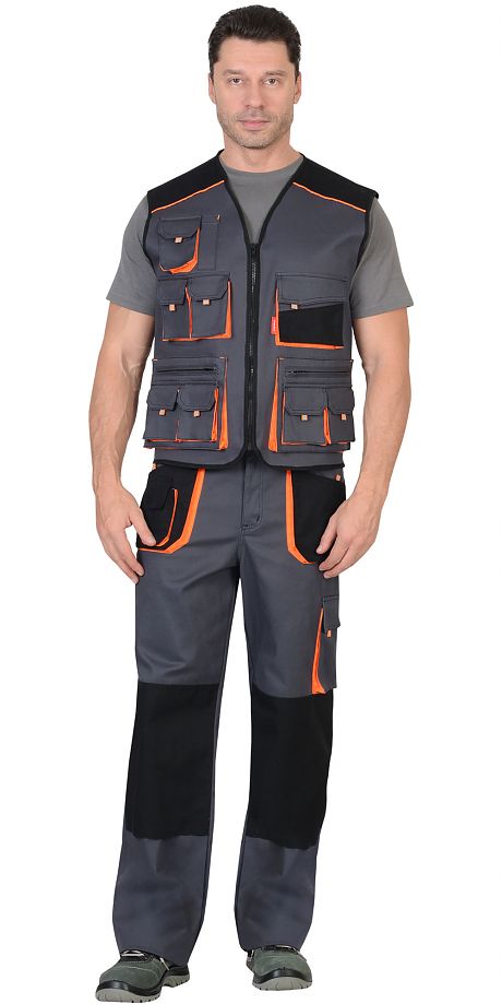 Костюм "МАНХЕТТЕН" брюки, жилет т.серый с оранж. и черным тк. мех. стрейч пл. 250 г/кв.м
