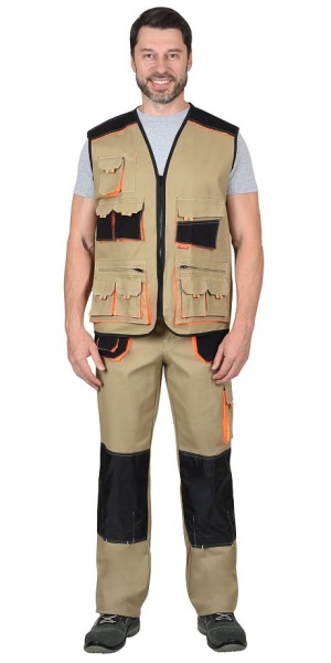  Костюм "МАНХЕТТЕН" брюки, жилет песочный с оранж. и черным тк. мех. стрейч пл. 250г/кв.м