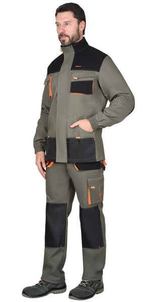  Костюм "МАНХЕТТЕН" куртка, брюки оливковый с оранжевым и чер. тк. мех. стрейч пл 260 г/кв.м