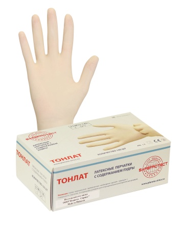 Купить Перчатки "ТонЛат", только упак.50 пар (латекс, пудра, бесцв.,толщ.0,12мм,дл.245мм.) р.S,M,L от 90.00  тенге