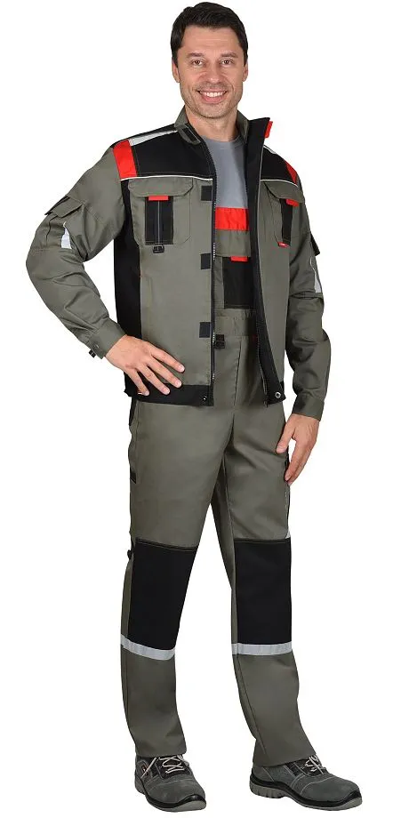 Костюм "СТАН" куртка, п/к оливковый с черной и красной отделкой